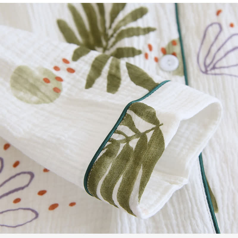 Ownkoti Leaf Print Pure Cotton Long Sleeves Pajama Set