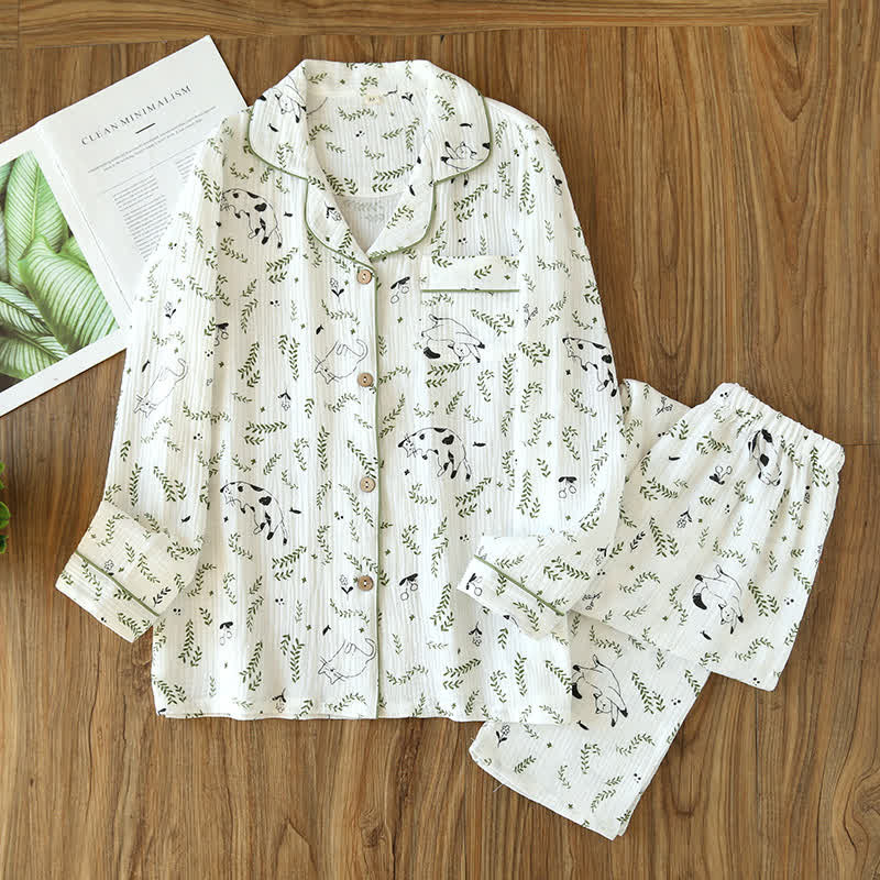 Ownkoti Cute Cat & Leaf Cotton Pajama Set