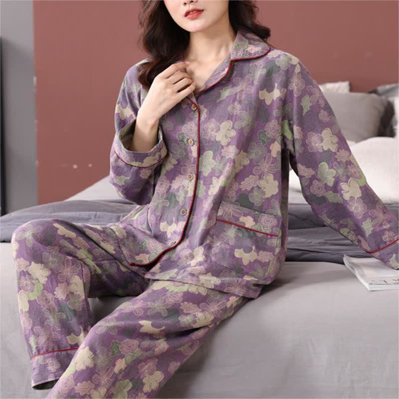 Ownkoti Jacquard Floral Button-down Cotton Pajama Set