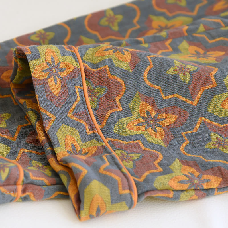 Ownkoti Rhombus Flower Lapel Cotton Loungewear Set