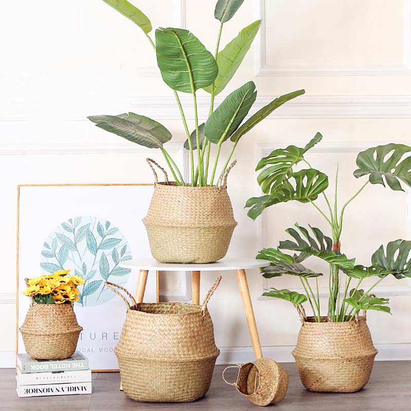 seagrass indoor plant pots Ownkoti Woven Seagrass Belly Basket Storage Plant Pot Basket (2PCS)
