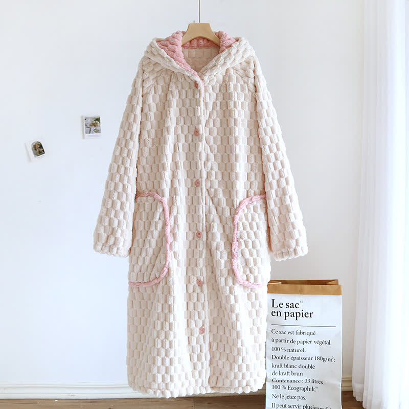 Ownkoti Solid Color Warm Flannel Hooded Bathrobe