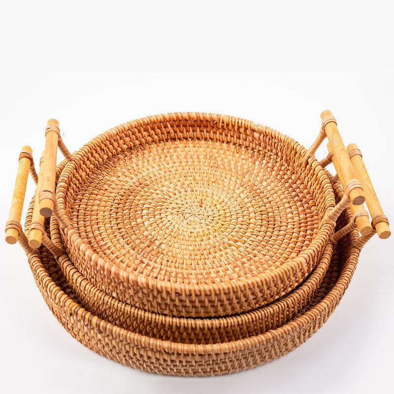 Hand Woven Rattan Round Tray With Handles
