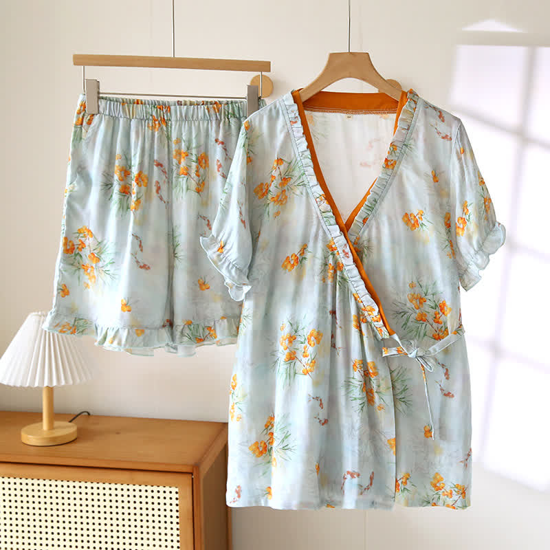 Short Sleeve Cross-front Bamboo Cotton Loungewear