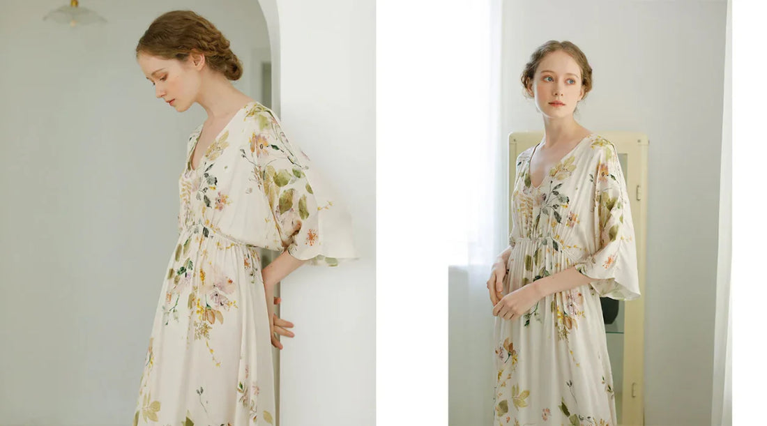 Ownkoti Rose Print Long Sleeve V-Neck Nightdress