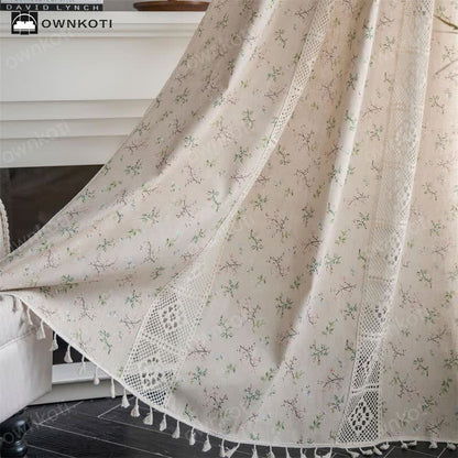 Ownkoti Floral Plaid Splicing Light Filtering Tassel Curtain - image 1