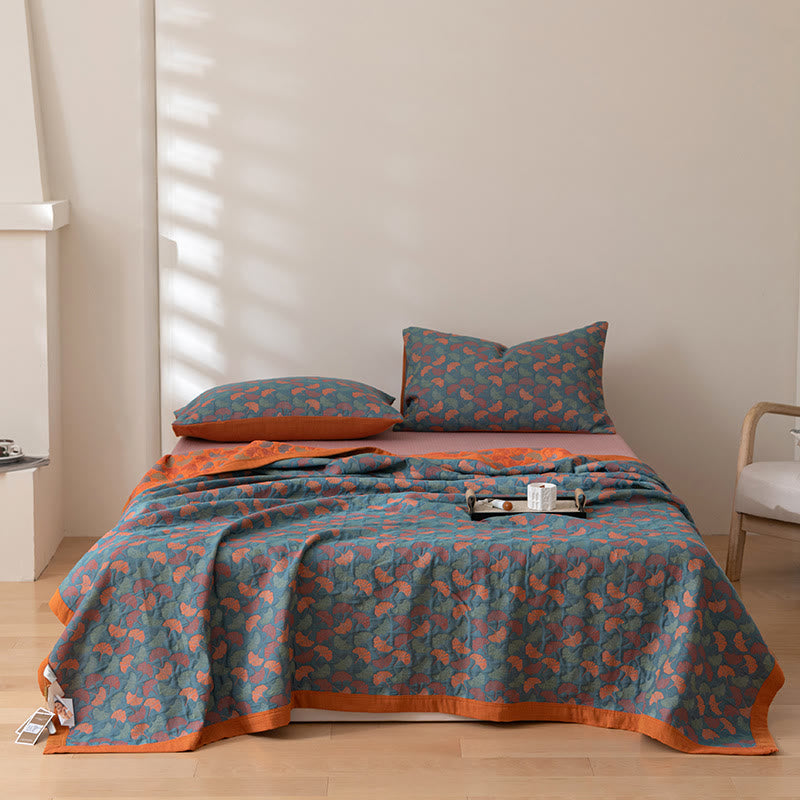 Ownkoti Pastoral Ginkgo Leaf Pattern Cotton Reversible Quilt - Blue & Orange - 2PCS Pillowcases - 19" × 29" - image 0
