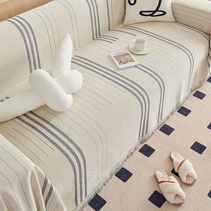 Ownkoti Straight Stripe Chenille Tassel Sofa Protector