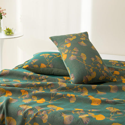 Ownkoti Ginkgo Leaf Jacquard Cotton Reversible Quilt - Green & Orange - 2PCS Pillowcases: 19" x 29" - image 3