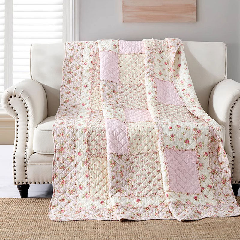 Pastoral Patchwork Soft Pure Cotton Quilt - Pink & Beige - Full - image 4