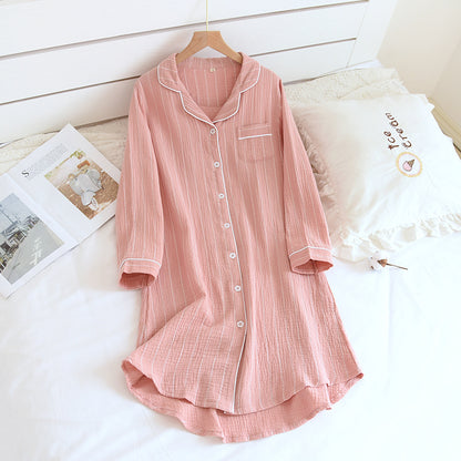 Solid Color Striped Lapel Nightdress - Pink - XL - image 1