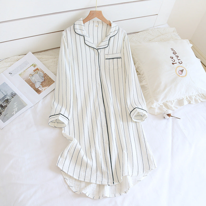 Solid Color Striped Lapel Nightdress - White - XL - image 8