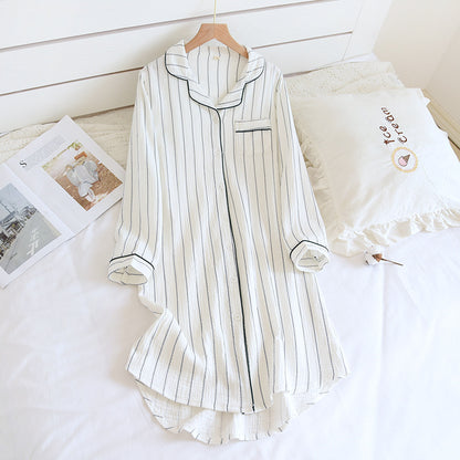 Solid Color Striped Lapel Nightdress - White - XL - image 8