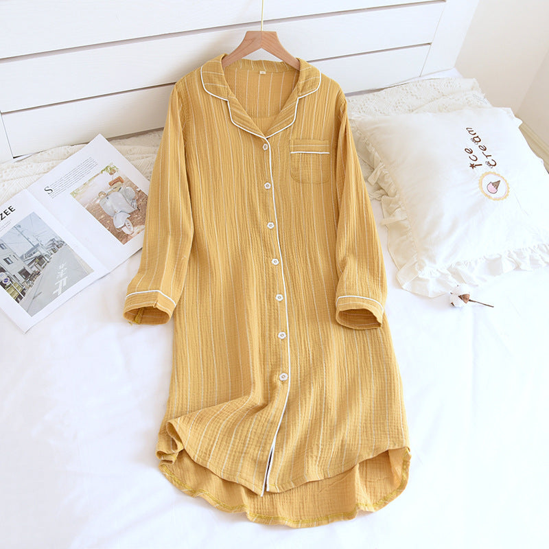 Solid Color Striped Lapel Nightdress - Yellow - XL - image 7
