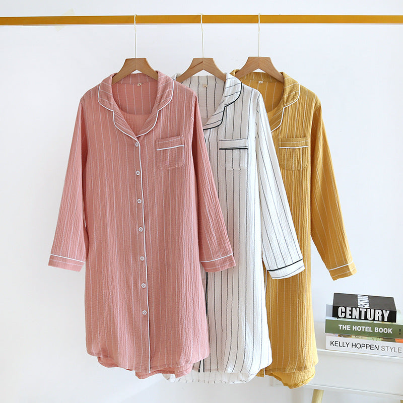 Solid Color Striped Lapel Nightdress - image 0