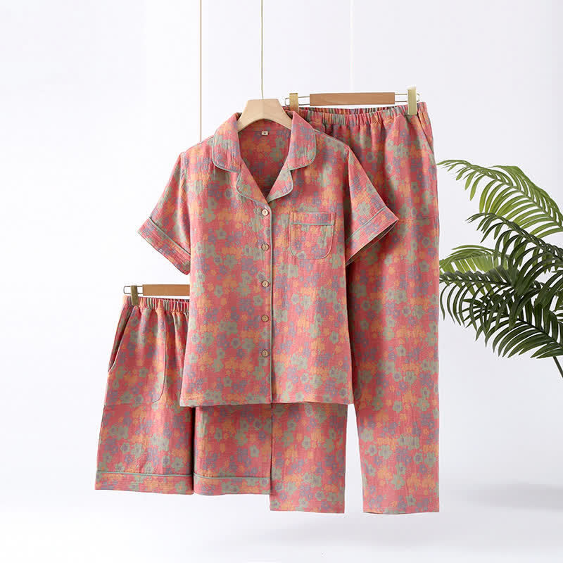 Ownkoti Cotton Gauze Short Sleeve Pajama Set(3PCS) - Dark Pink & Green - XL - image 0