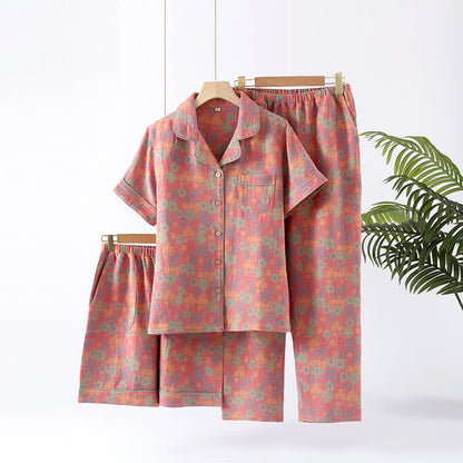 Ownkoti Cotton Gauze Short Sleeve Pajama Set(3PCS) - Dark Pink & Green - XL - image 0
