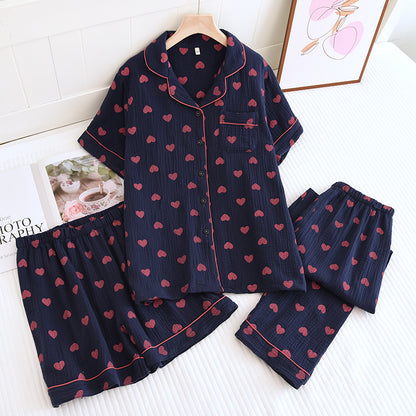 Ownkoti Heart Print Pure Cotton Pajama Set(3PCS) - Navy Blue - XL - image 8