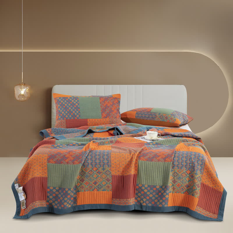 Ownkoti Three Layers Gauze Breathable Cotton Quilt - Quilt with 2pcs Pillowcases - Orange - King - image 0