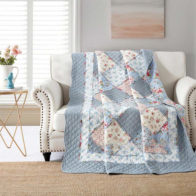 Pastoral Patchwork Soft Pure Cotton Quilt - Blue - Full - image 8
