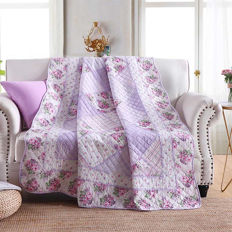 Pastoral Patchwork Soft Pure Cotton Quilt - Purple - Full - image 9