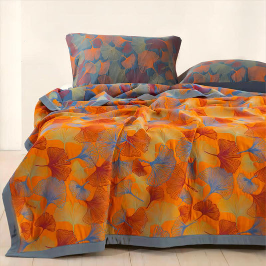 Ownkoti Ginkgo Leaf Three Layers Cotton Gauze Quilt - Quilt with 2pcs Pillowcases - Dark Blue & Orange - Cal King - image 0