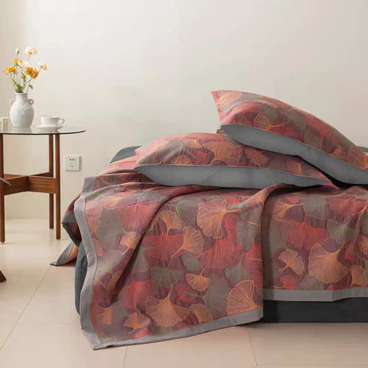 Ownkoti Cotton Gauze Ginkgo Leaf Bedding Set(3PCS) - Quilt with 2pcs Pillowcases - Purple & Pink - Cal King - image 0