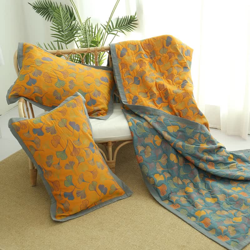 Ownkoti Ginkgo Leaf Pattern Cotton Reversible Quilt - Bluish Gray & Orange - King - Quilt with 2pcs Pillowcases - image 5