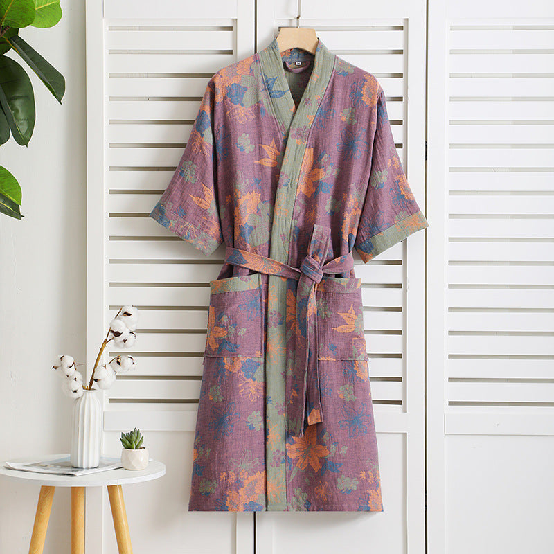 Ownkoti Floral Cotton Gauze Short Sleeve V-neck Robe - Purple - XL - image 1