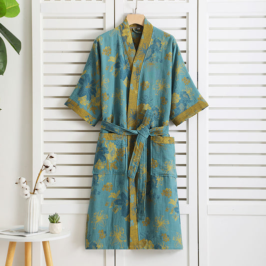 Ownkoti Floral Cotton Gauze Short Sleeve V-neck Robe - Green Lake - XL - image 0