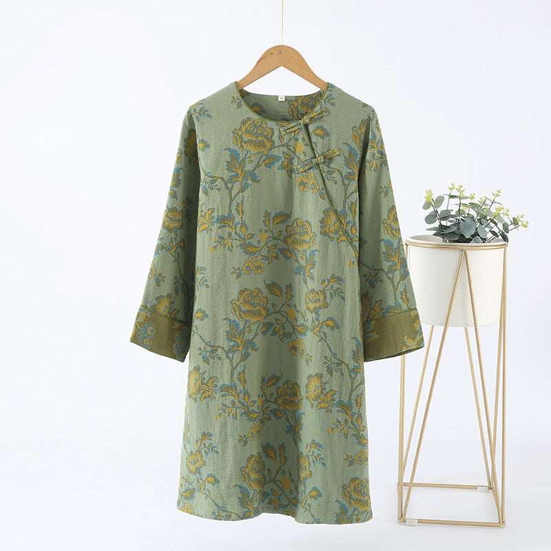 Round-neck Cotton Gauze Floral Nightdress - Green - M - image 0