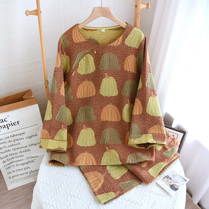 Ownkoti Pure Cotton Pastoral Pumpkin Pajama Set  - Nightwear Set - Brown & Green - L - image 0