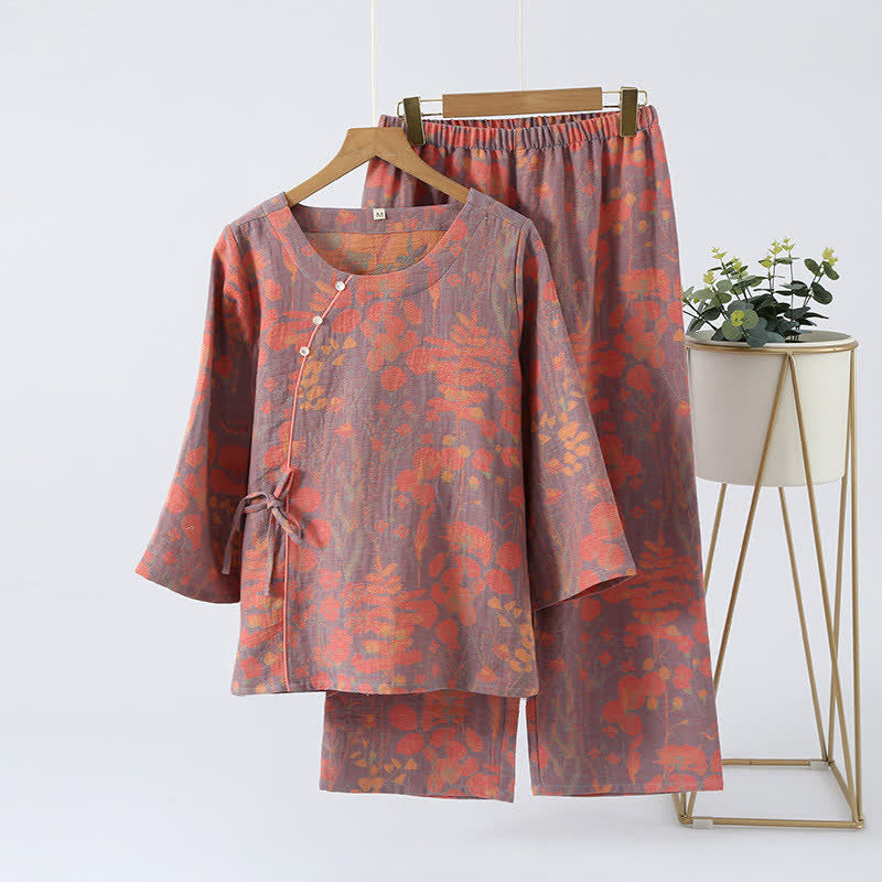 Ownkoti Cotton Gauze Vintage Retro Loungewear Set - Dark Purple - XL - image 6