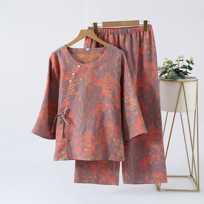 Ownkoti Cotton Gauze Vintage Retro Loungewear Set - Dark Purple - XL - image 6