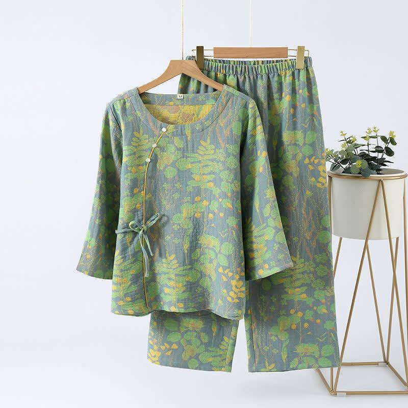 Ownkoti Cotton Gauze Vintage Retro Loungewear Set - Green - XL - image 1
