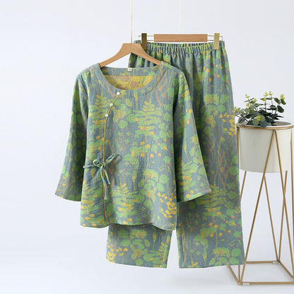 Ownkoti Cotton Gauze Vintage Retro Loungewear Set - Green - XL - image 1