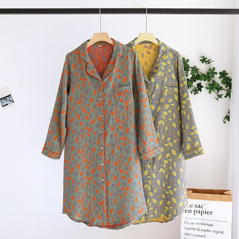 Ownkoti Leaf Tuxedo Button Cotton Nightdress