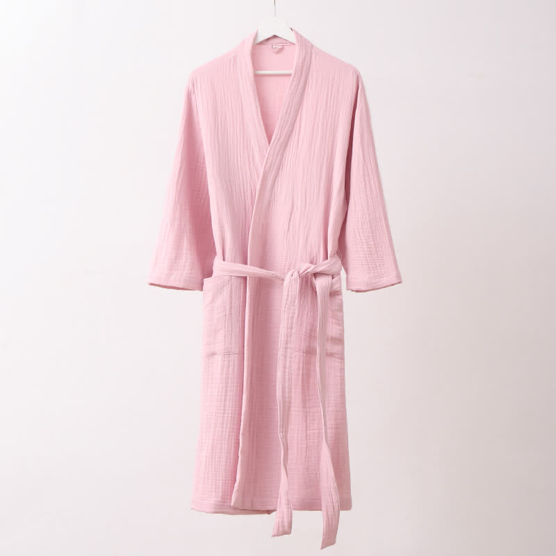 Ownkoti Soft Long Sleeve V-Neck Bathrobe with Pockets - Pink - XL - image 3