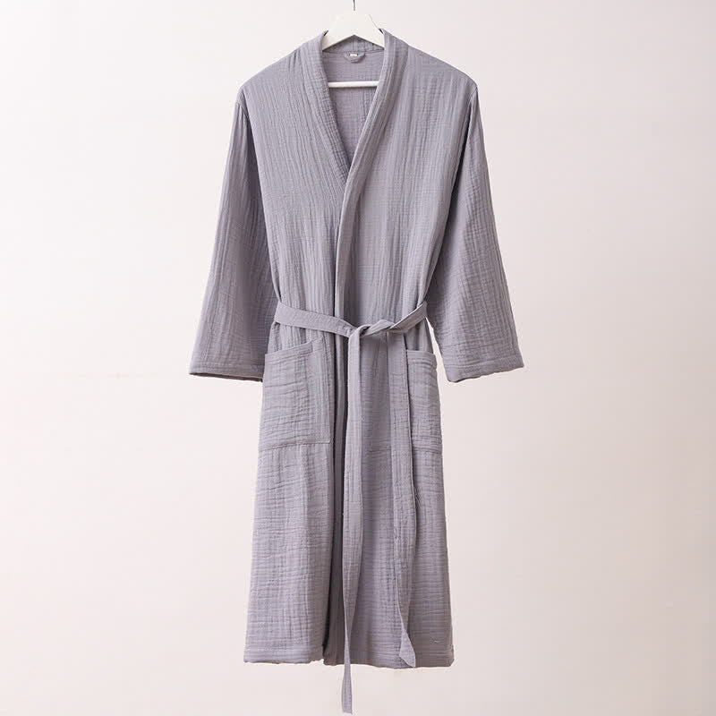 Ownkoti Soft Long Sleeve V-Neck Bathrobe with Pockets - Light Gray - XL - image 4