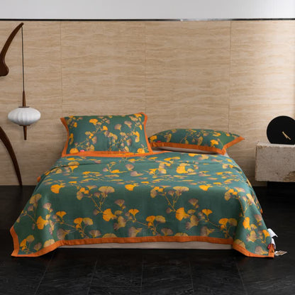 Ownkoti Luxurious Cotton Gauze Ginkgo Leaf Quilt - Quilt with 2pcs Pillow Towels - King - image 1