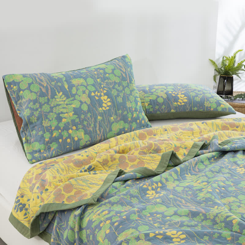 Ownkoti Pastoral Three Layers Cotton Gauze Elegant Quilt - 2pcs Pillowcases - Green & Yellow - 48cm × 74cm - image 3