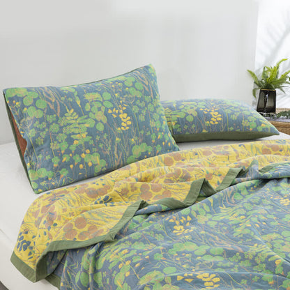 Ownkoti Pastoral Three Layers Cotton Gauze Elegant Quilt - 2pcs Pillowcases - Green & Yellow - 48cm × 74cm - image 3
