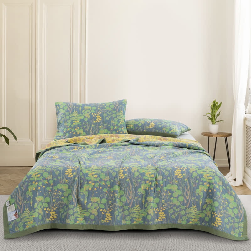 Ownkoti Pastoral Three Layers Cotton Gauze Elegant Quilt - Quilt with 2pcs Pillowcases - Green & Yellow - King - image 0