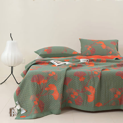Ownkoti Orange Ginkgo Leaf Cotton Reversible Quilt - Green & Orange - Quilt - King - image 0