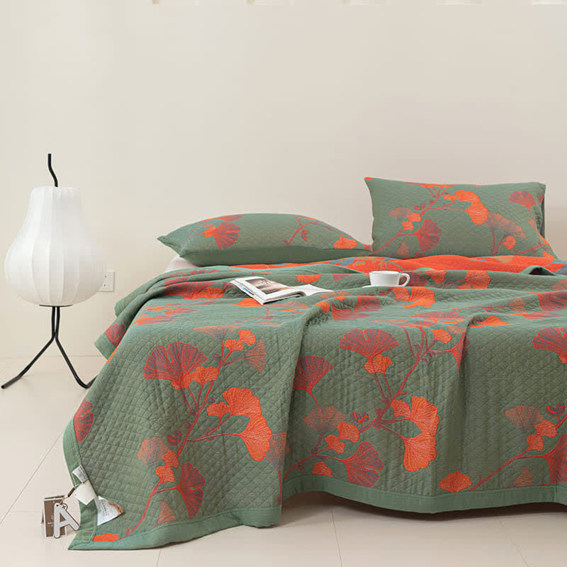 Ownkoti Orange Ginkgo Leaf Cotton Reversible Quilt - Green & Orange - Quilt - King - image 0