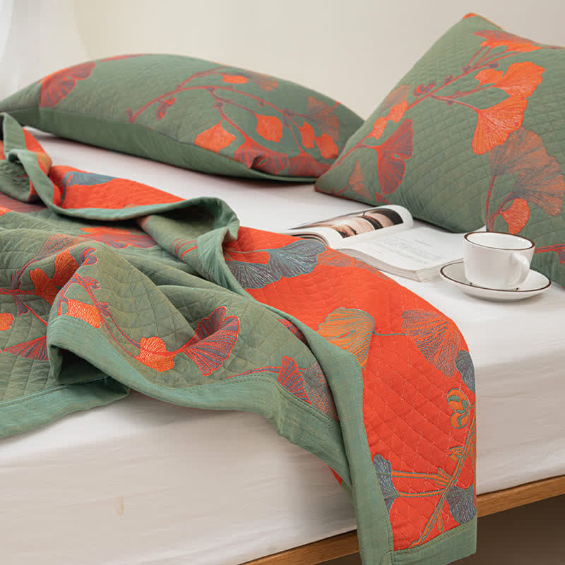Ownkoti Orange Ginkgo Leaf Cotton Reversible Quilt - image 6