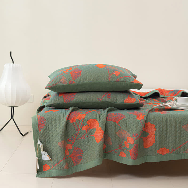Ownkoti Orange Ginkgo Leaf Cotton Reversible Quilt - Green & Orange - 2PCS Pillowcases - 19" x 29" - image 4