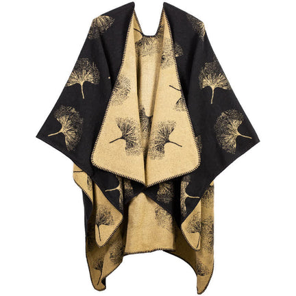 Ownkoti Luxurious Ginkgo Leaf Travel Shawl Cape - Black & Camel - 51" x 59" - image 0