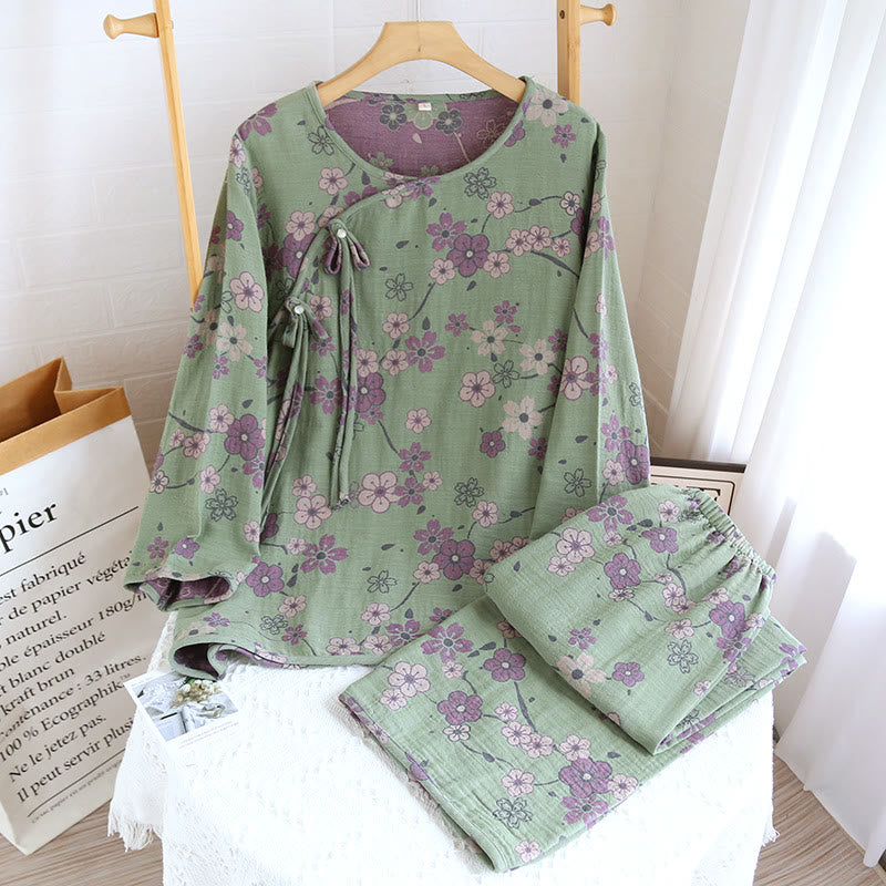 Ownkoti Plum Blossom Bowknot Pure Cotton Loungewear Set - Green - XL - image 2
