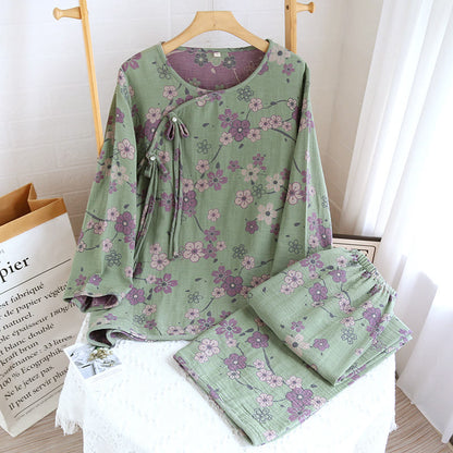 Ownkoti Plum Blossom Bowknot Pure Cotton Loungewear Set - Green - XL - image 2